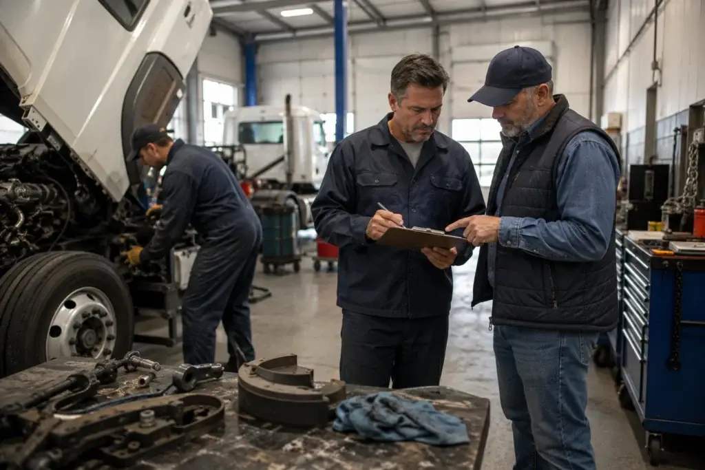 Fleet maintenance professionals reviewing service operations inside a heavy-duty truck repair facility while a diesel technician works on a commercial truck.
