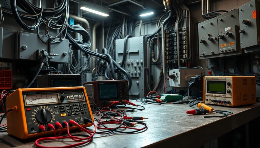 Industrial electrical testing workbench showing multimeter, clamp meter, and diagnostic equipment for heavy-duty circuit analysis