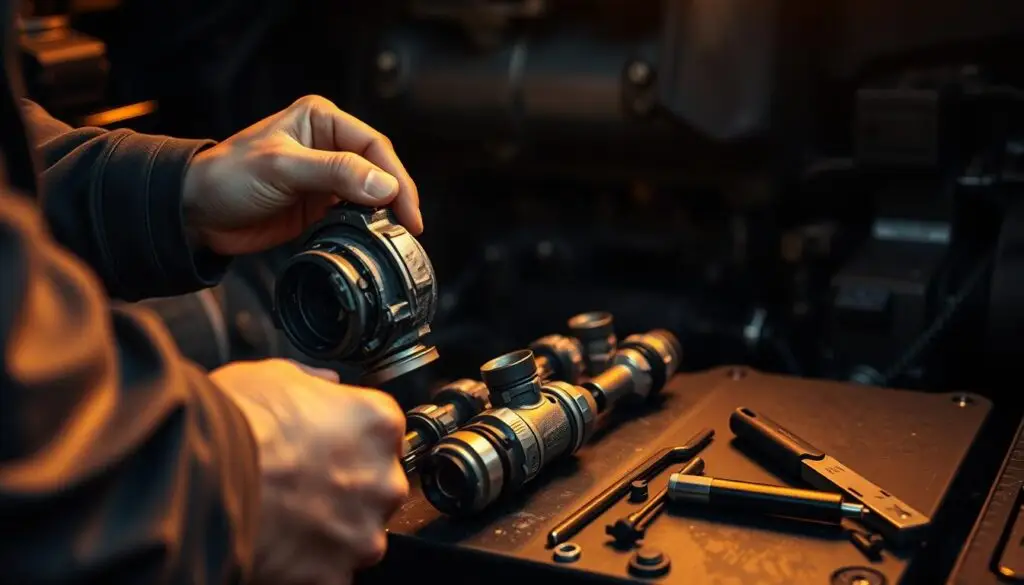 Injector removal procedure from diesel engine showing proper extraction technique and tools