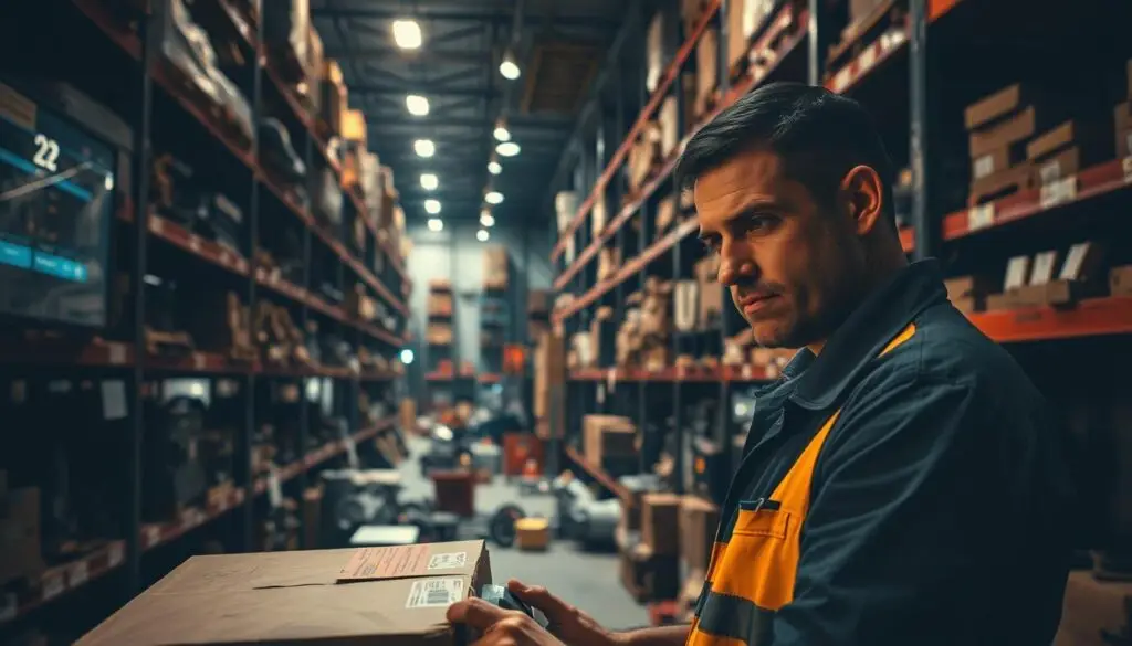 Fleet manager reviewing inventory control challenges on warehouse computer system