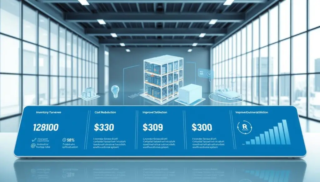 Business analytics dashboard showing inventory optimization metrics and cost savings