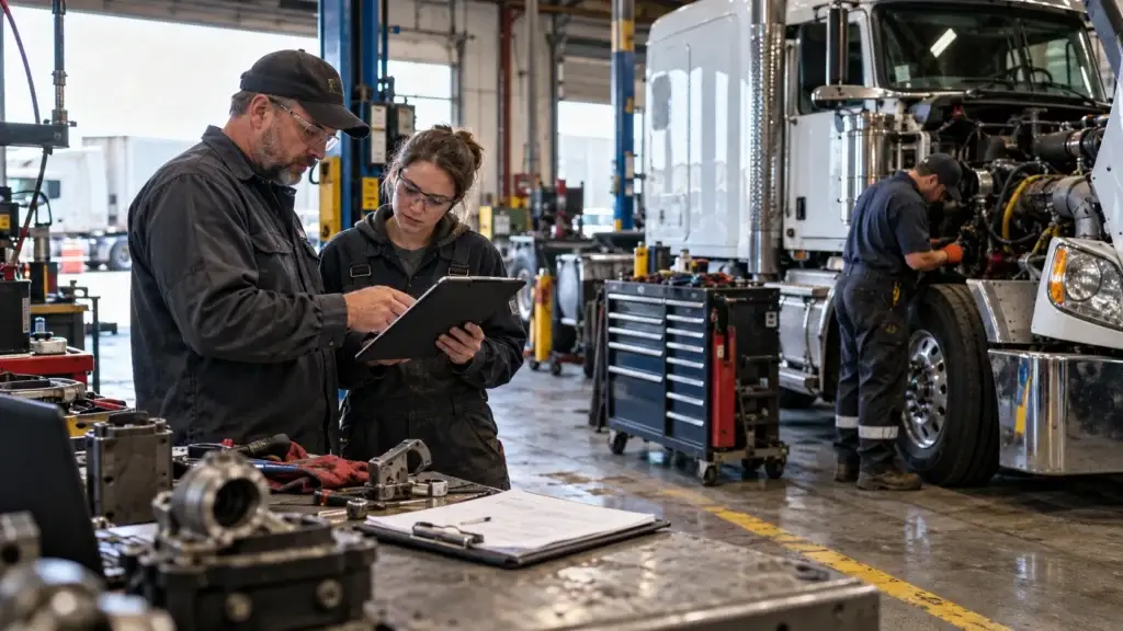 Diesel repair shop technicians reviewing quality-control documentation beside a Class 8 truck during a structured heavy-duty repair and inspection process.