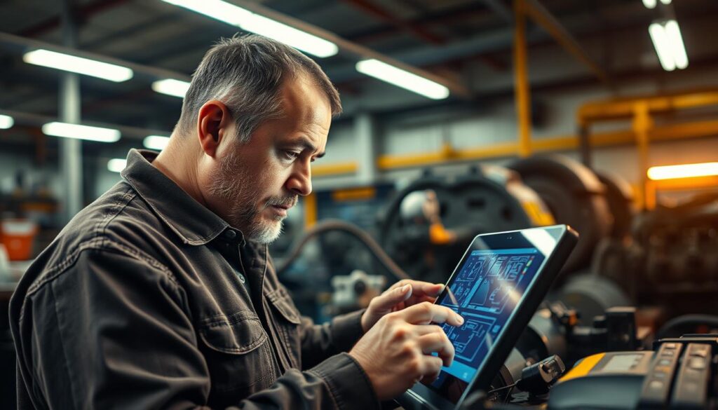 Experienced technician diagnosing commercial truck with diagnostic equipment