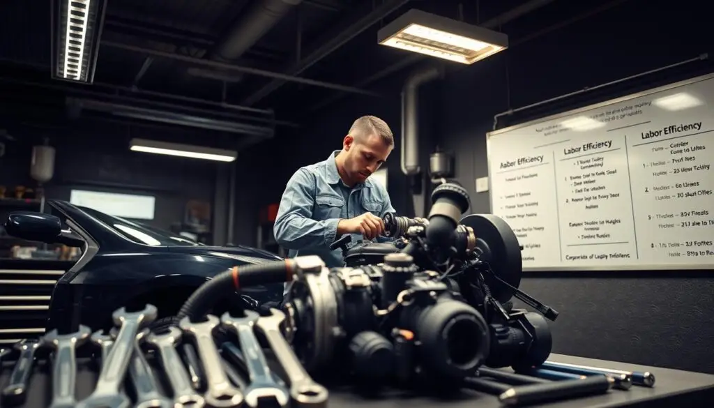 Heavy-duty shop manager reviewing labor efficiency metrics on fleet management dashboard