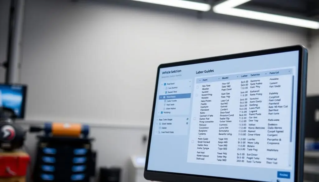 Labor guide database interface displaying Class 8 vehicle selection screen with make and model options
