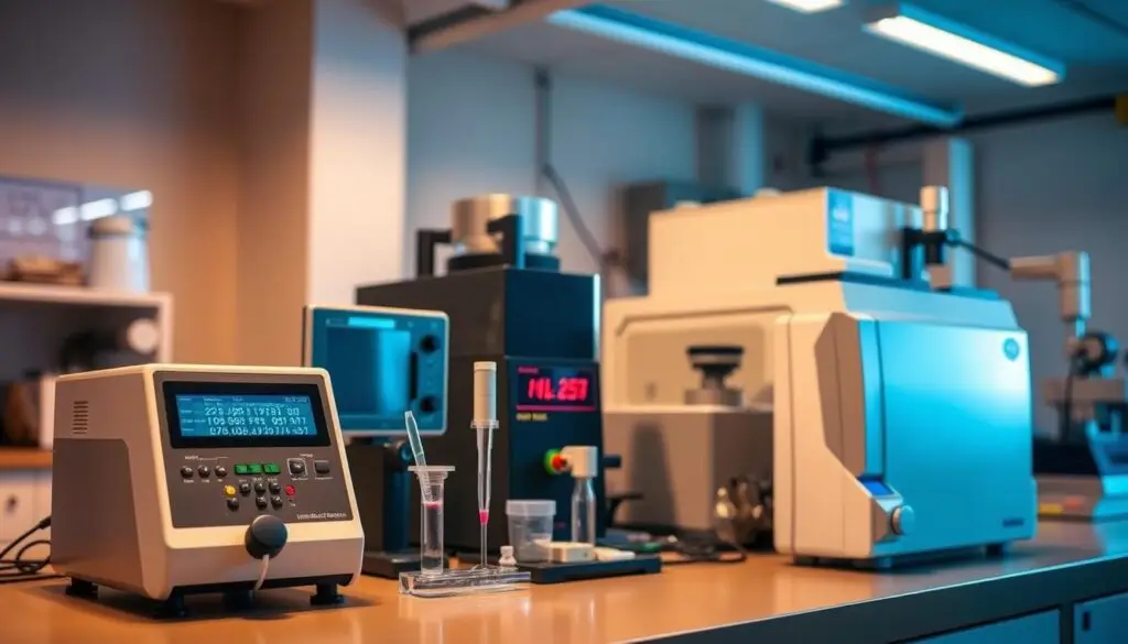 Industrial oil analysis laboratory with ICP spectroscopy and particle counting equipment