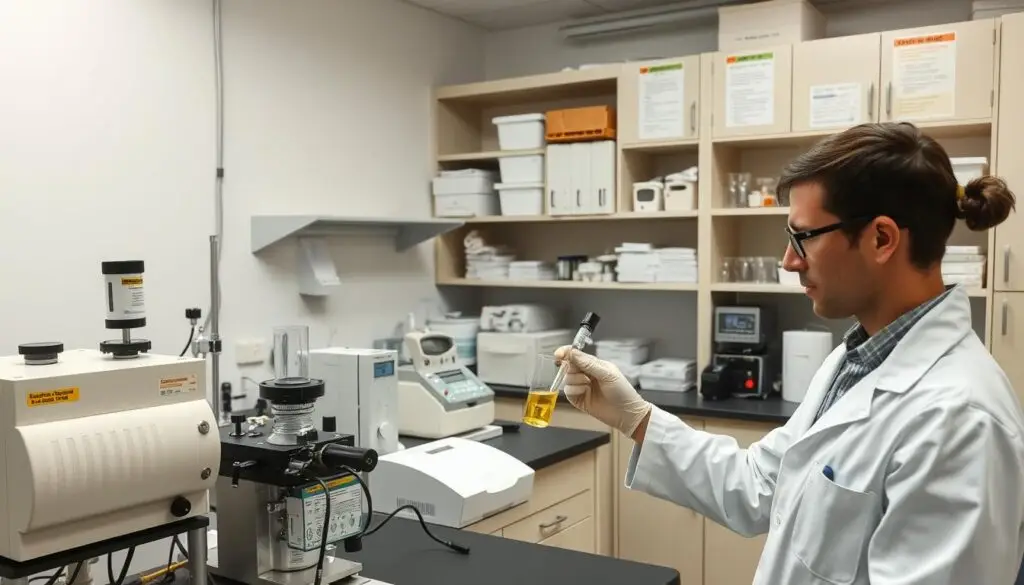 Modern fuel testing laboratory with chromatography equipment and sample analysis stations