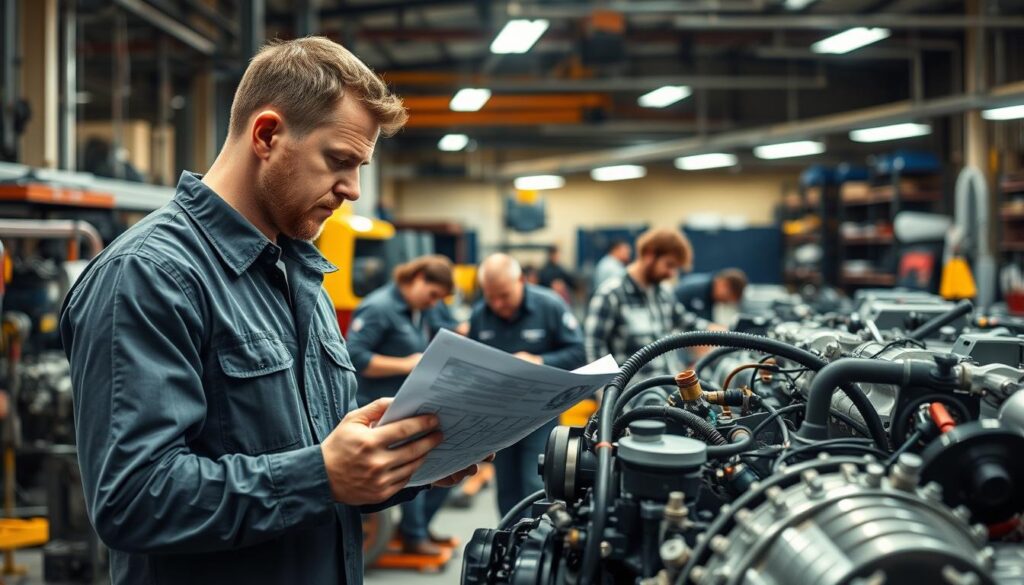 Lead technician providing hands-on training to junior diesel mechanic