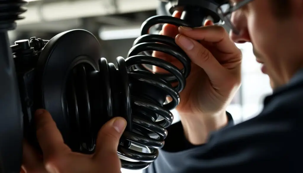 Close-up inspection of leaf spring pack showing individual leaves, center bolt, and mounting hardware
