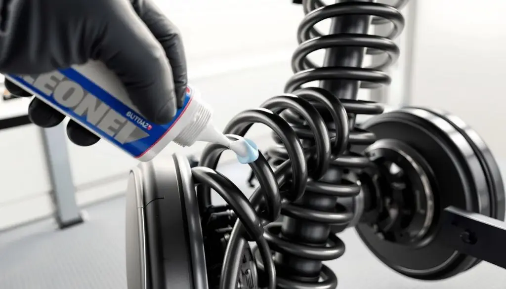 Technician applying grease lubricant to leaf spring eye and shackle pin during preventive maintenance