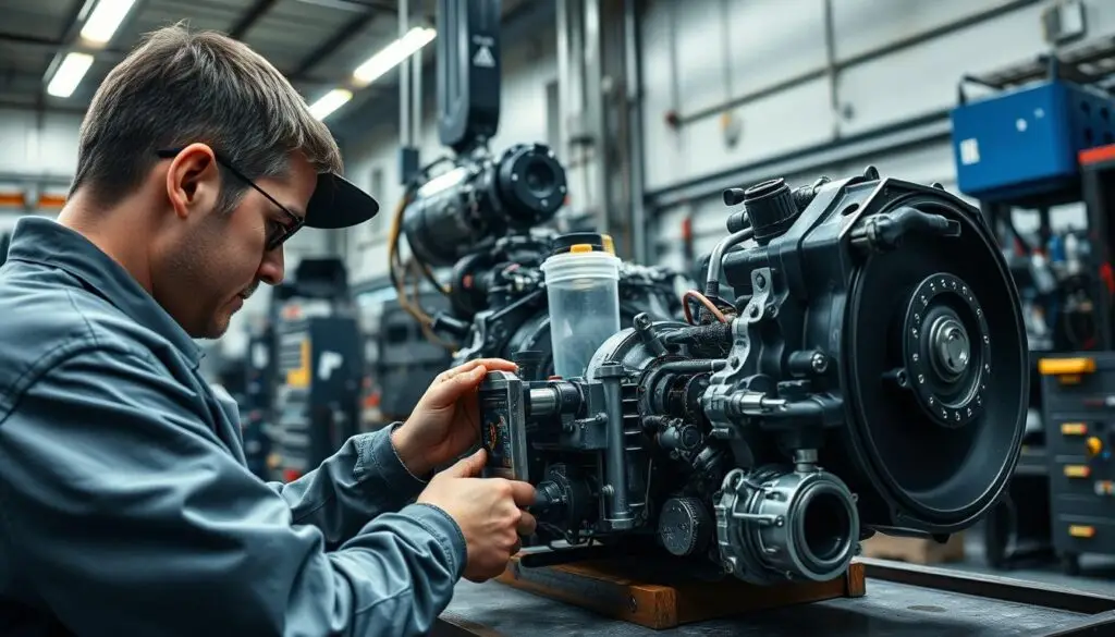 technician performing volume test on diesel lift pump with graduated container