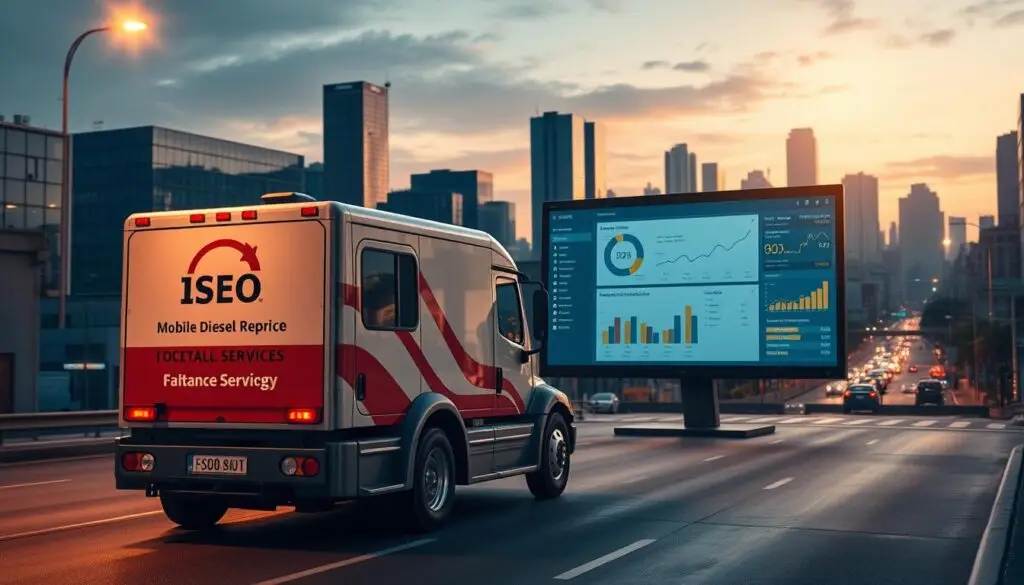 Digital marketing dashboard showing local search optimization and customer acquisition metrics for diesel repair