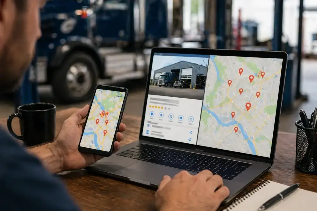 Truck repair shop owner analyzing Google Maps listings and local search visibility on laptop and smartphone inside diesel repair garage