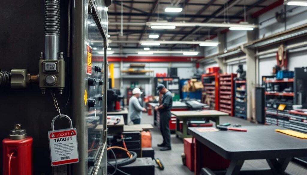 Lockout tagout procedures being applied during hydraulic press maintenance with energy isolation devices