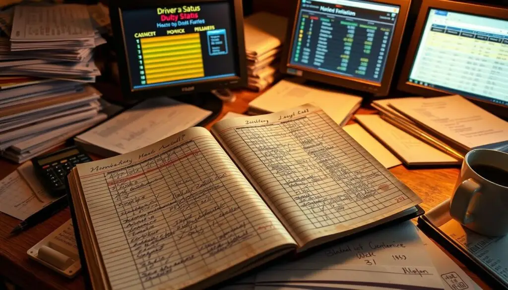 DOT enforcement officer reviewing commercial driver logbook during roadside inspection