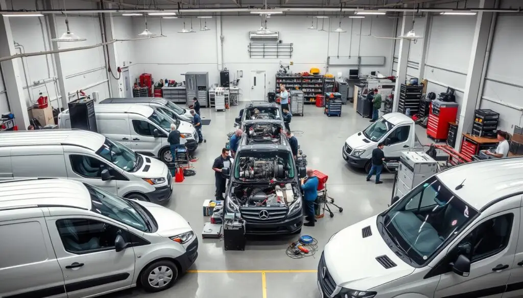 Commercial truck service facility with certified technicians performing maintenance