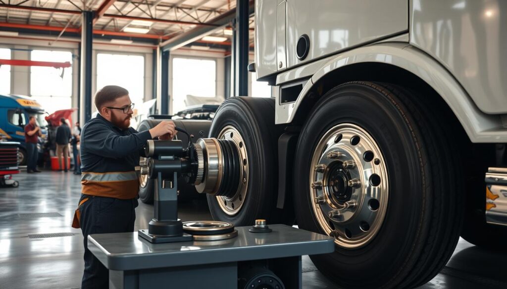 Manual wheel balancer in use at a commercial truck service operation