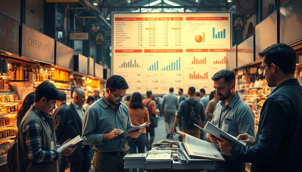 Shop owner conducting competitive pricing research for heavy-duty repair market
