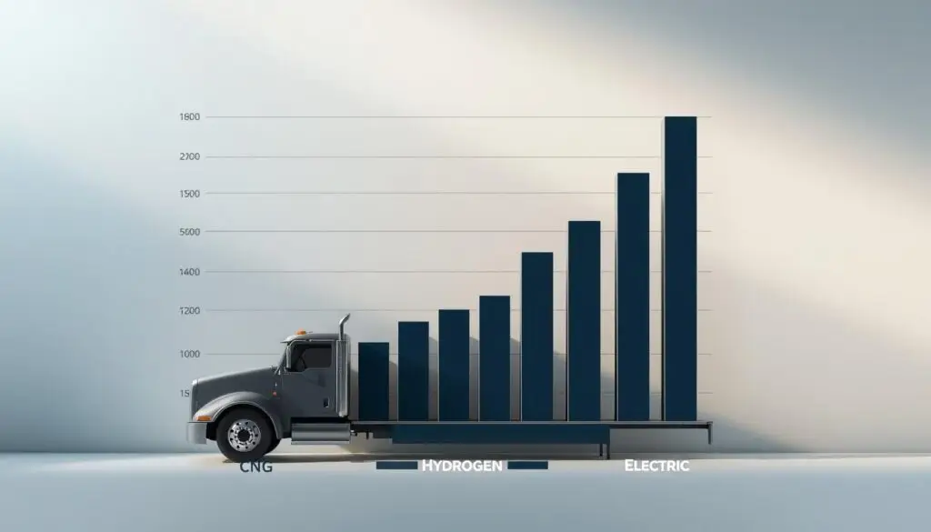 Infographic comparing CNG, hydrogen, and electric truck market share and adoption rates