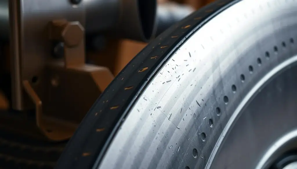 Technician measuring grader blade wear using calipers at multiple points