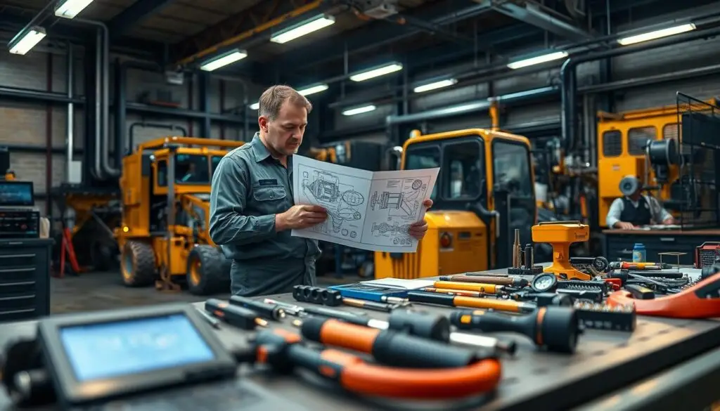 Heavy equipment technician demonstrating mechanical aptitude during diagnostic assessment