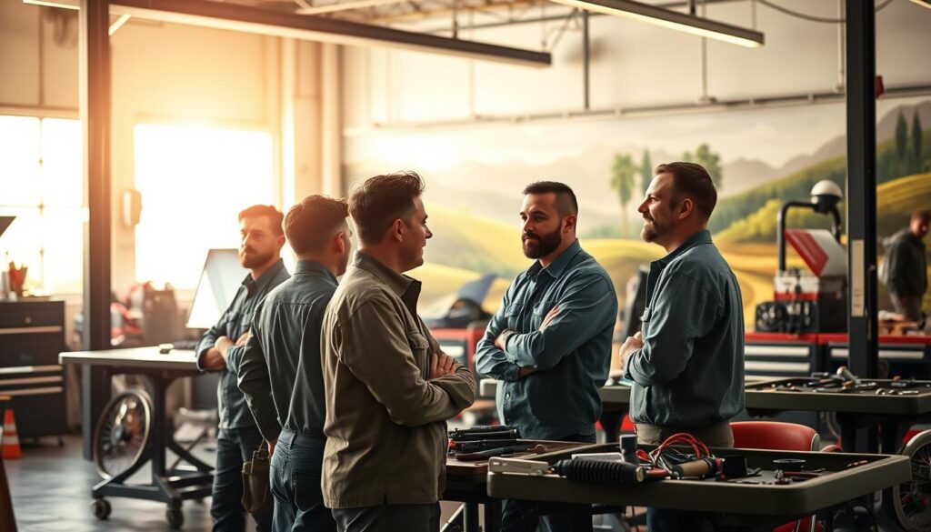 Diesel shop team meeting addressing mental health awareness and psychological safety in the workplace