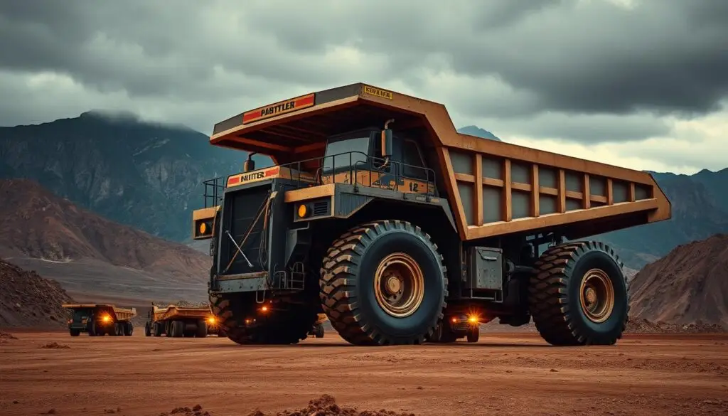 Specialized heavy-duty mining trucks transporting lithium and copper at extraction site in Nevada