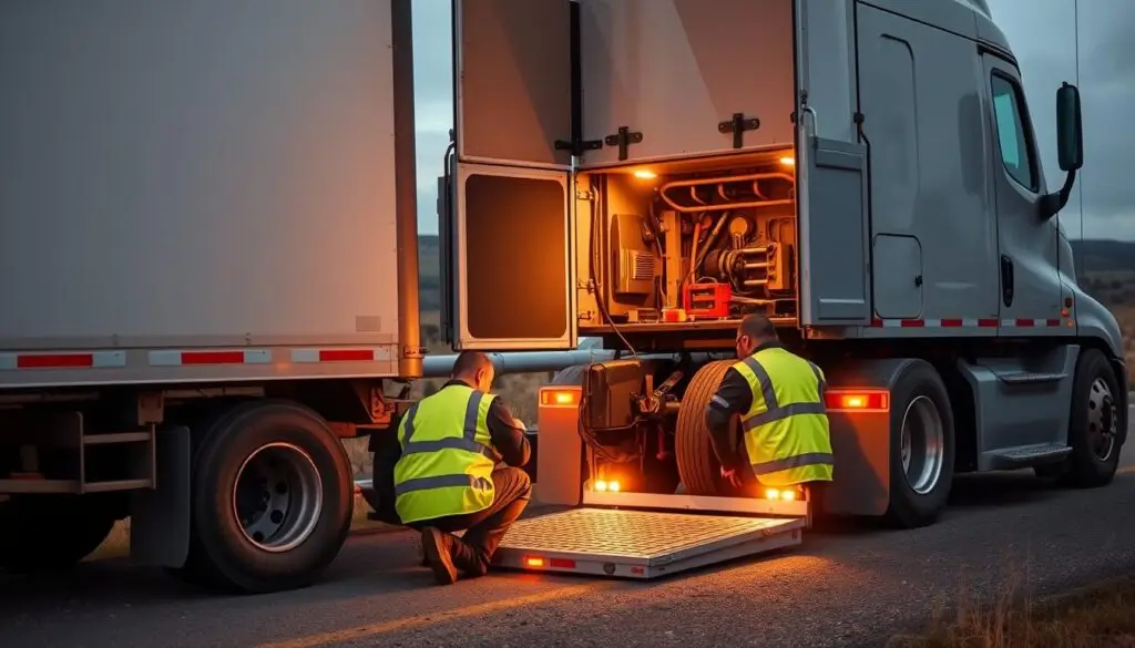 Mobile repair technician replacing commercial truck tire at roadside using pneumatic tools
