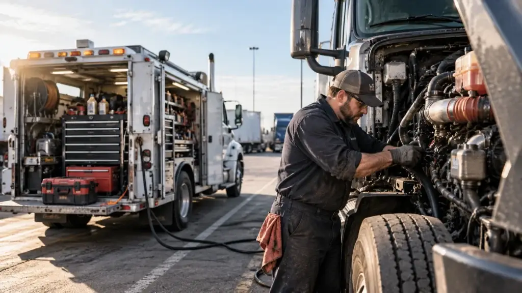 Mobile diesel mechanic repairing a heavy-duty commercial truck beside a fully equipped service truck