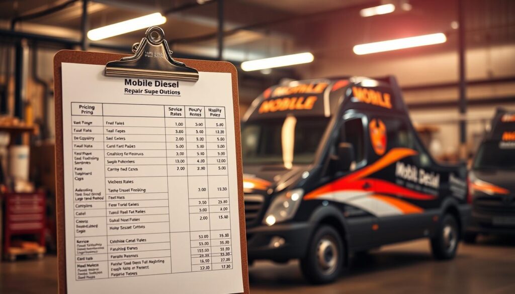 Mobile diesel repair technician reviewing service pricing with fleet manager at commercial trucking yard