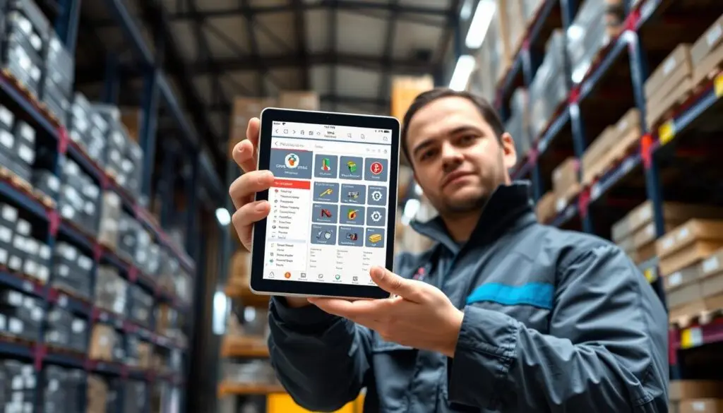 Field technician using tablet to check parts availability during roadside repair