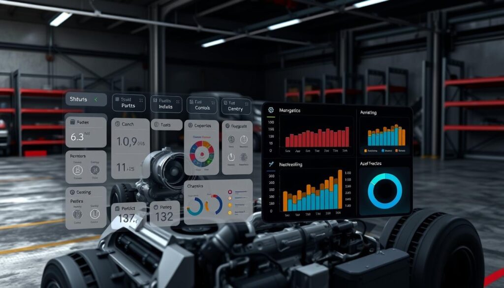 Mobile service management software dashboard showing work orders, dispatch map, and inventory levels for diesel repair operations