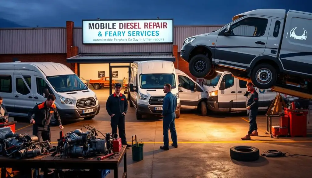 Diesel technician evaluating mobile service truck equipment and parts inventory for expansion readiness