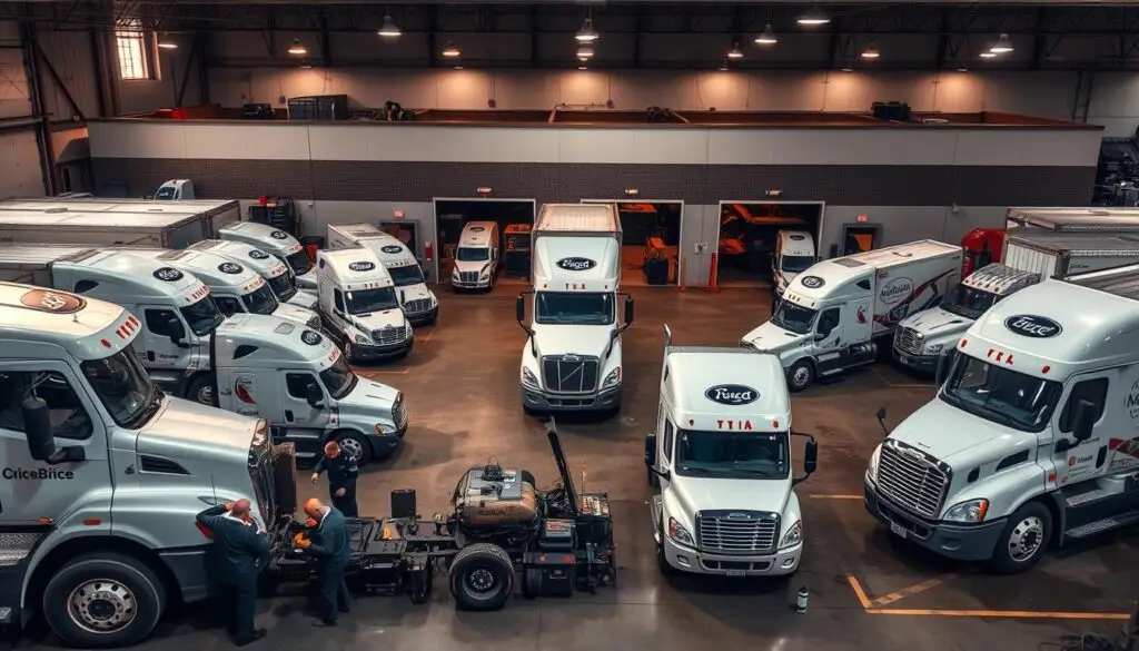 Fleet of mobile diesel repair service trucks lined up at company headquarters ready for dispatch