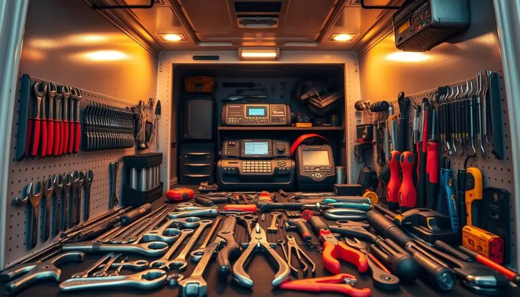 Professional tool organization in mobile service truck with socket sets and power tools