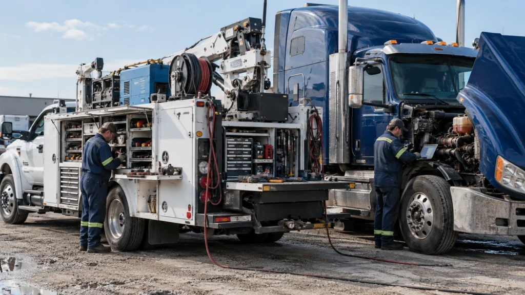 Mobile heavy-duty repair unit servicing a Class 8 truck in a fleet yard, with technicians using onboard tools, diagnostics, hose reels, and organized service-truck equipment.