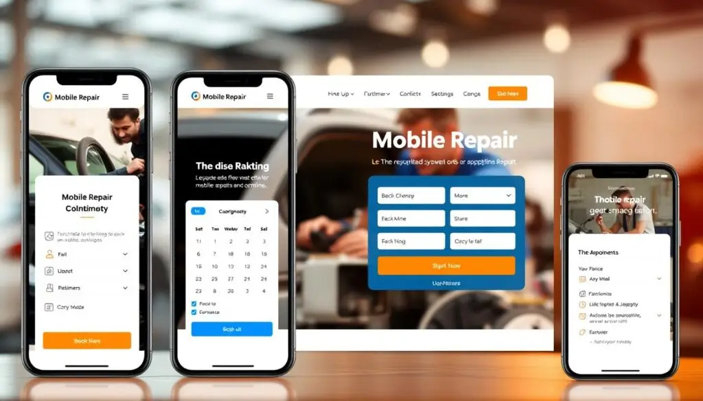 Mobile truck repair website interface showing online booking and click-to-call features