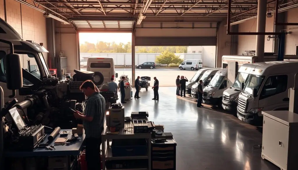 Mobile service truck performing on-site fleet repair at customer location