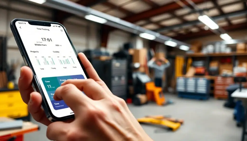 Smartphone showing mobile time tracking app for fleet service technician efficiency management