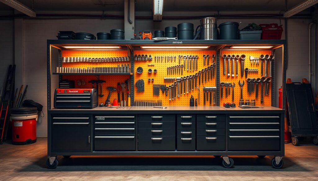 Rolling service cart with organized socket storage and mobile workstation setup in fleet shop