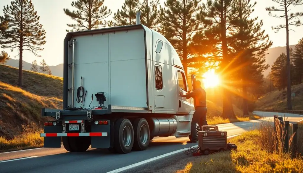Mobile truck repair technician performing diagnostic service on Class 8 tractor at roadside location