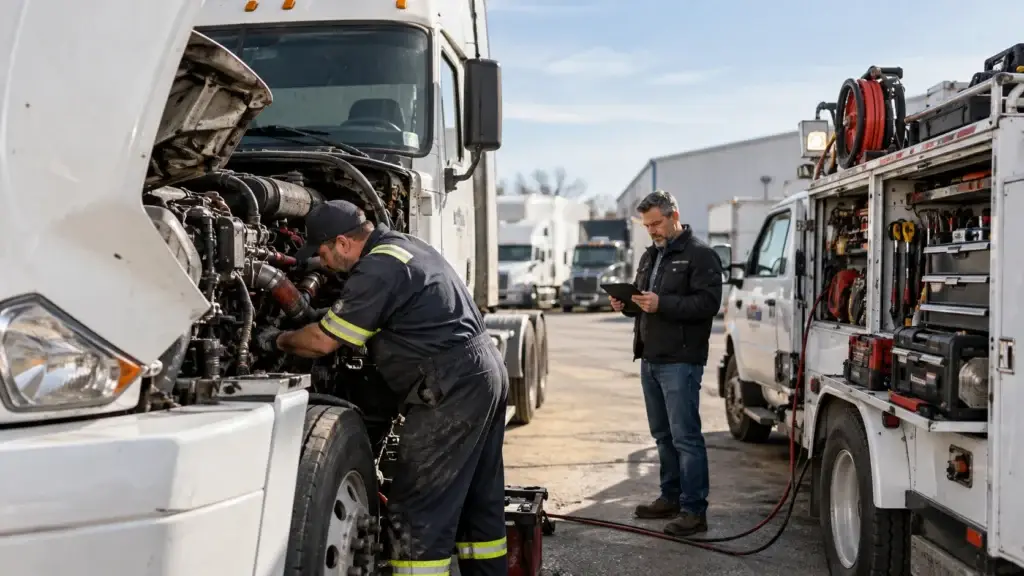 Mobile diesel technician repairing a heavy-duty semi-truck at a fleet yard beside a fully equipped service truck while a fleet manager reviews the job on a tablet.