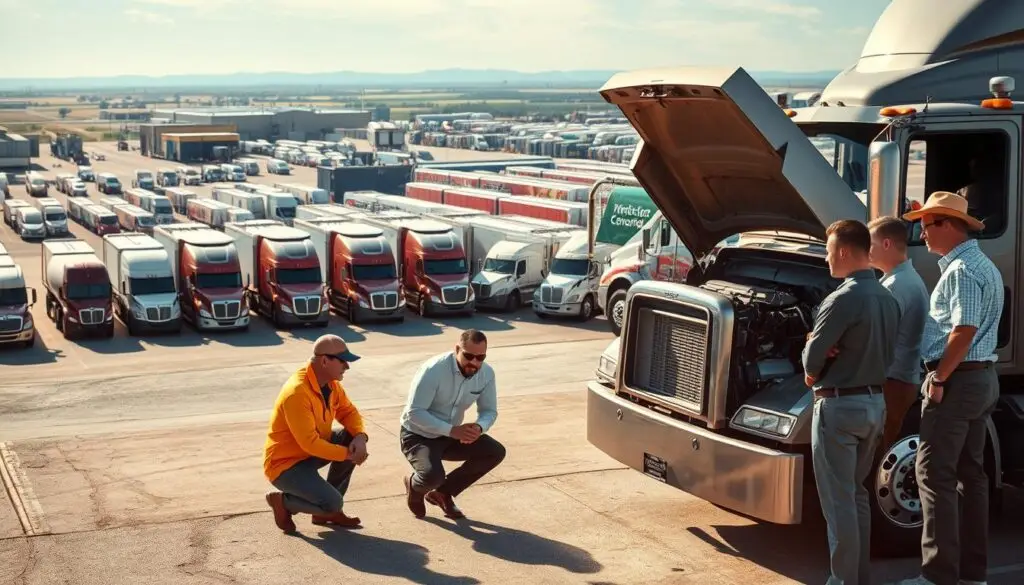 Fleet manager discussing mobile truck repair services with technician at distribution center