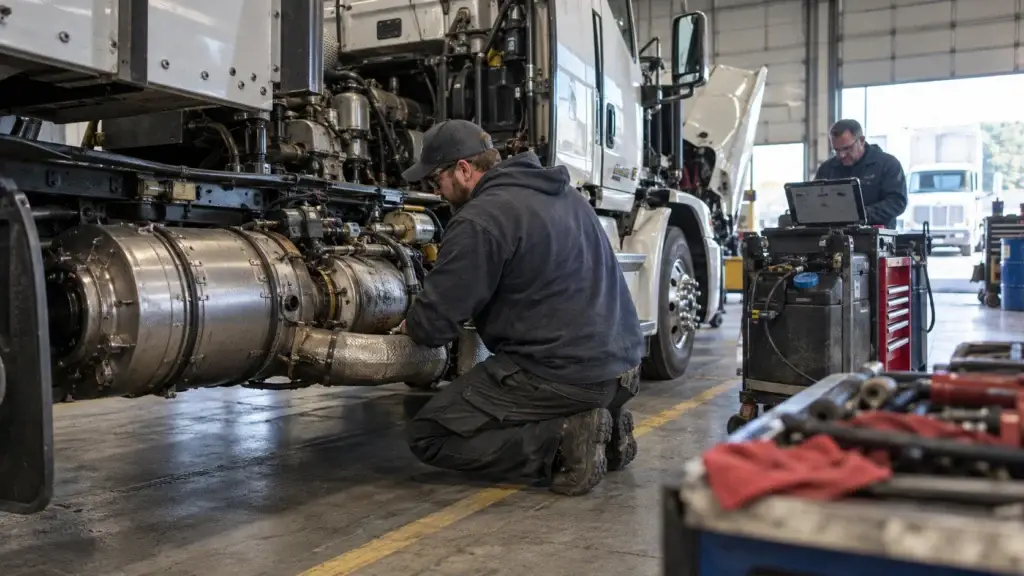 Diesel technician inspecting a heavy-duty truck aftertreatment system with DOC, DPF and SCR components while diagnostic data is reviewed in a repair shop.