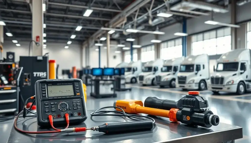 Diesel technician using advanced diagnostic scanner on commercial truck