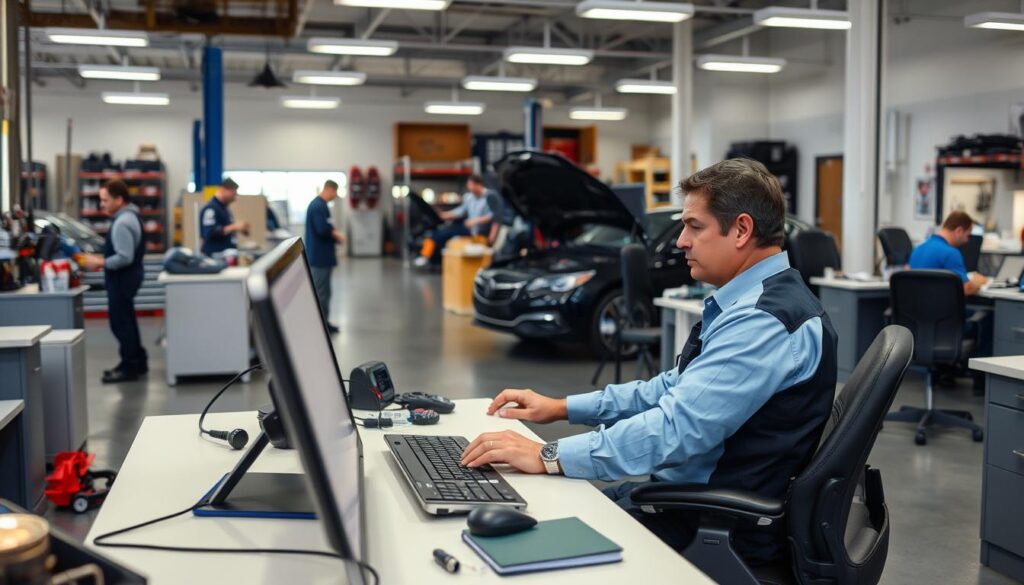 Diesel technician on modified duty reviewing maintenance records at computer workstation