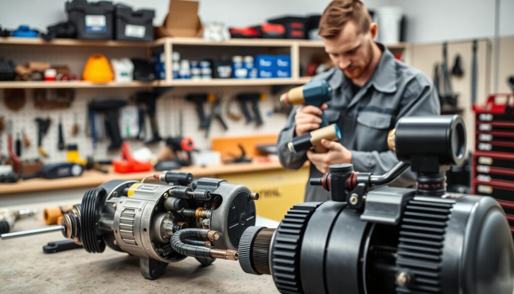 Technician performing monthly pneumatic tool disassembly inspecting internal components including seals and bearings