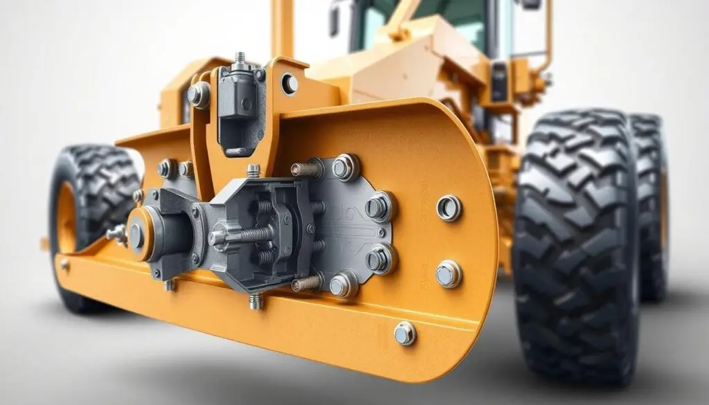 Motor grader moldboard and cutting edge assembly showing component relationship