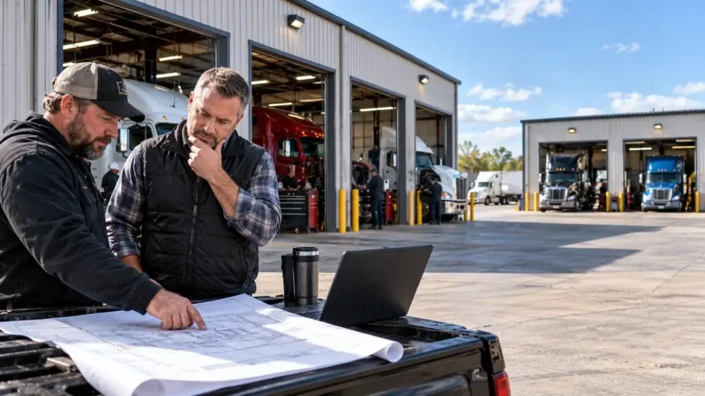 Truck repair shop owners planning multi-location expansion outside a busy heavy-duty diesel service facility