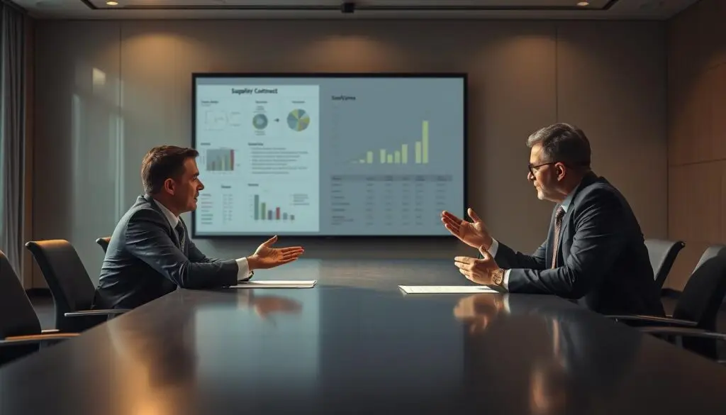 Business professionals negotiating supplier contracts for heavy-duty parts procurement